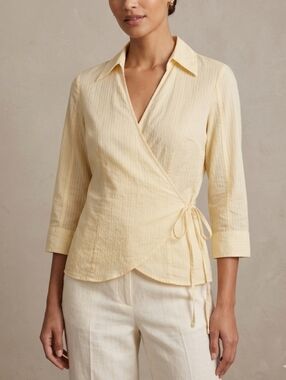 XS Jacob 100% Cotton Pale Yellow Wrap Blouse with Collar